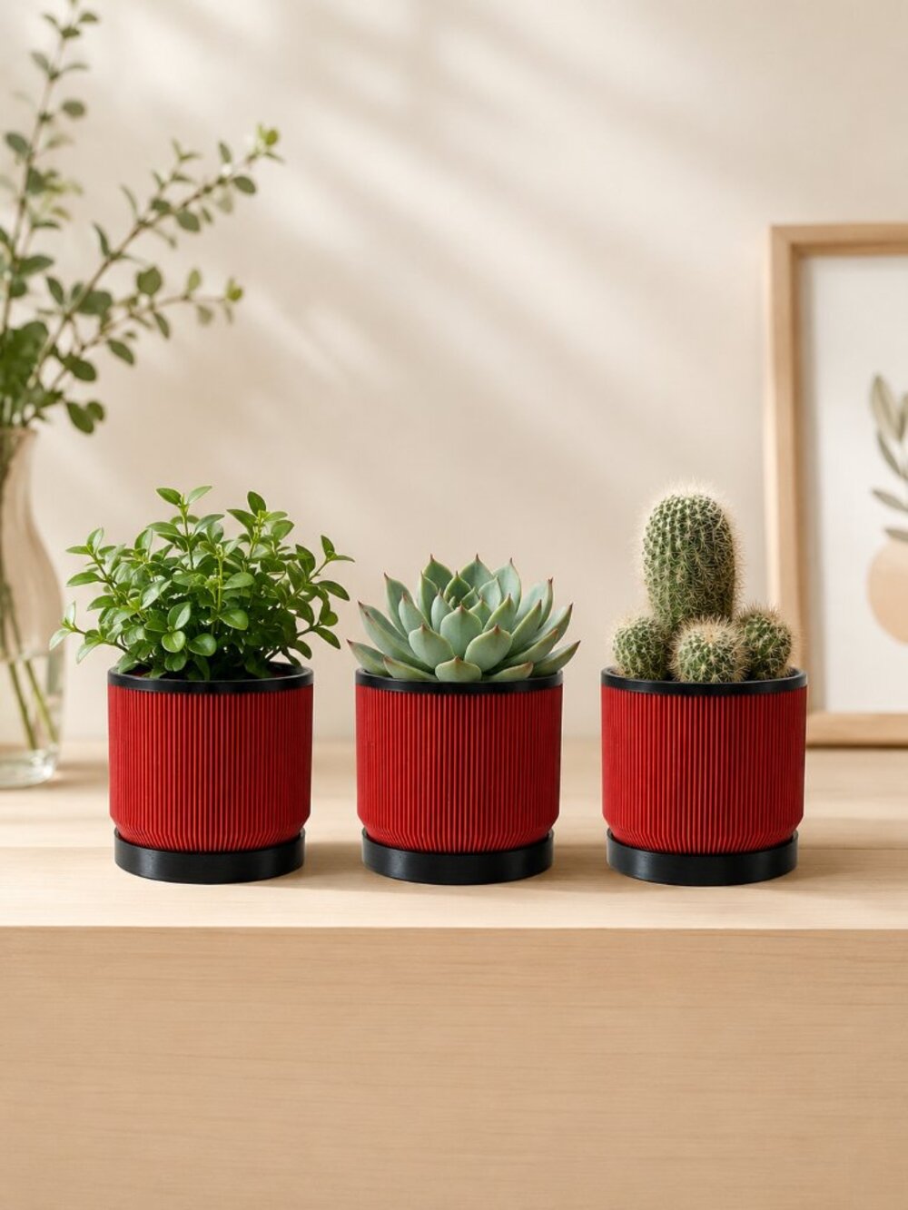 Red 3D Printed Planter Pots Set of 3, Ribbed Succulent Planters with Drainage
